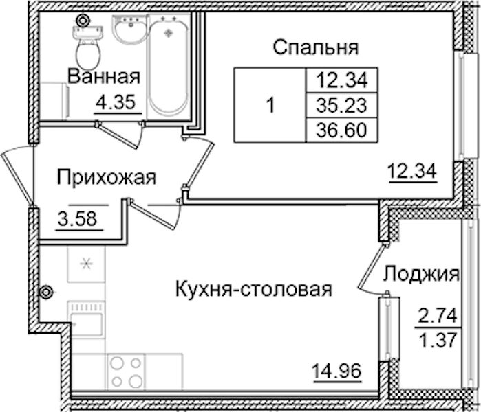 1-комнатная квартира 36.6 м², 2/9 эт., ЖК «Квартал Заречье»